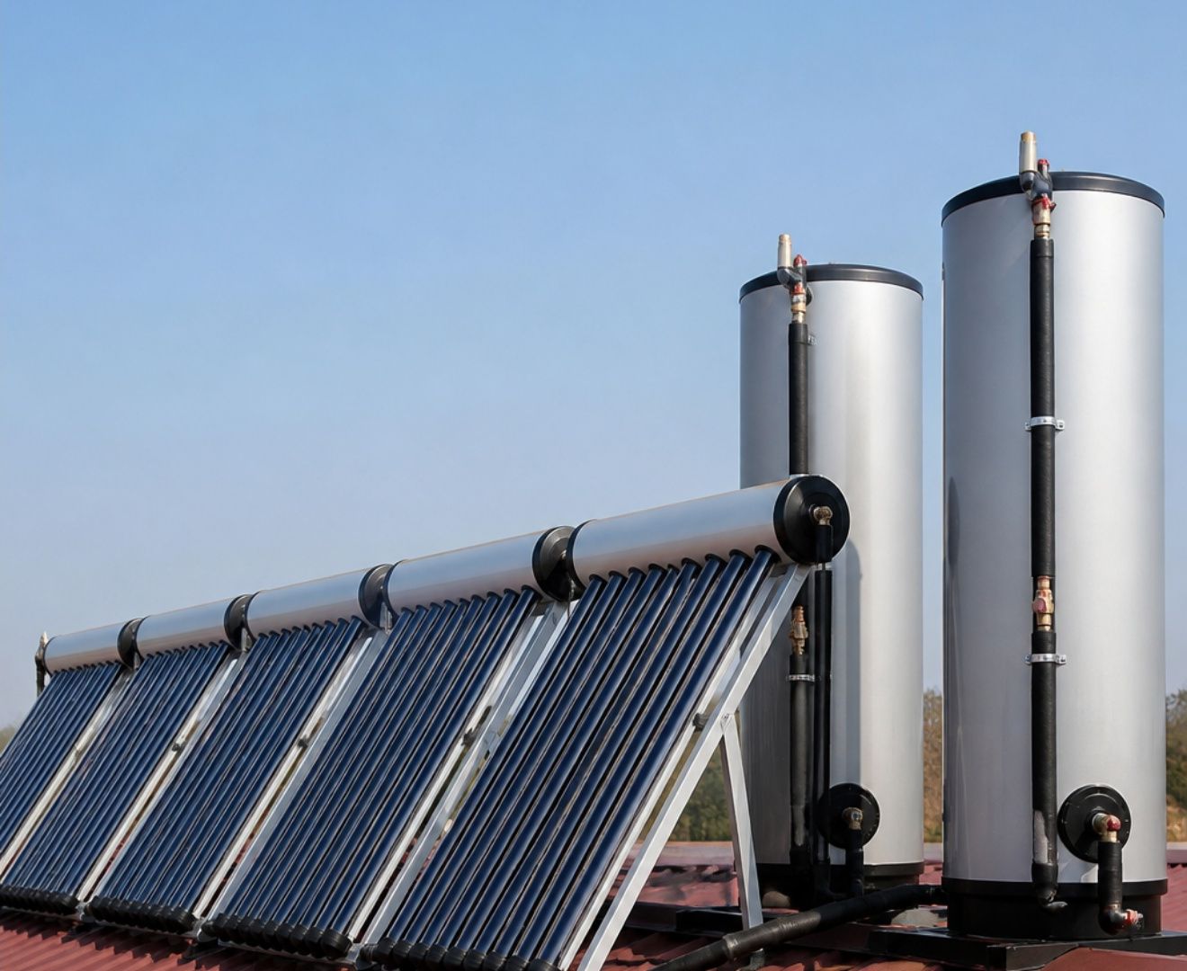 Commercial solar thermal array with large-volume hot water storage installed by EngiTech