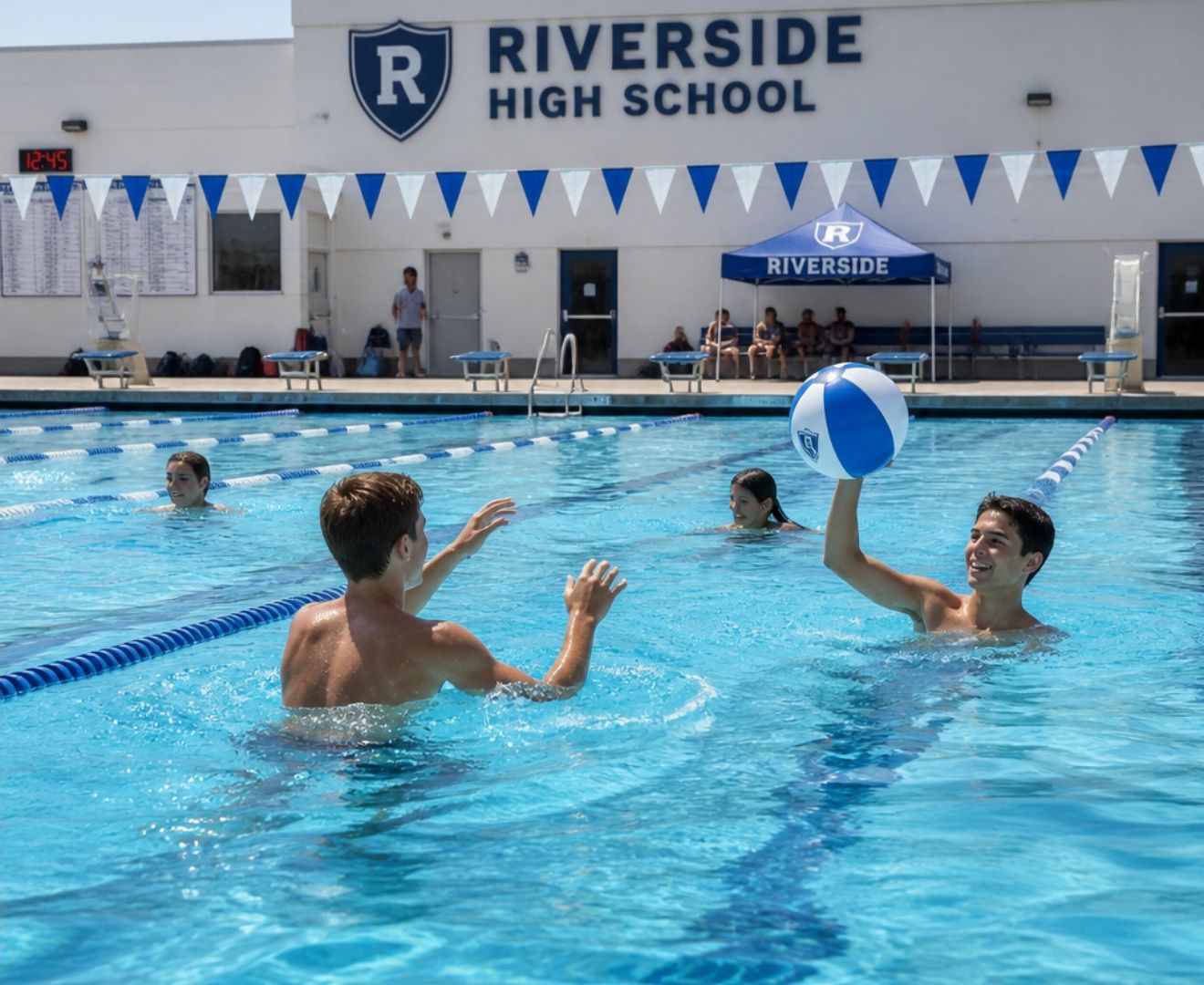 Students playing in a heated school swimming pool