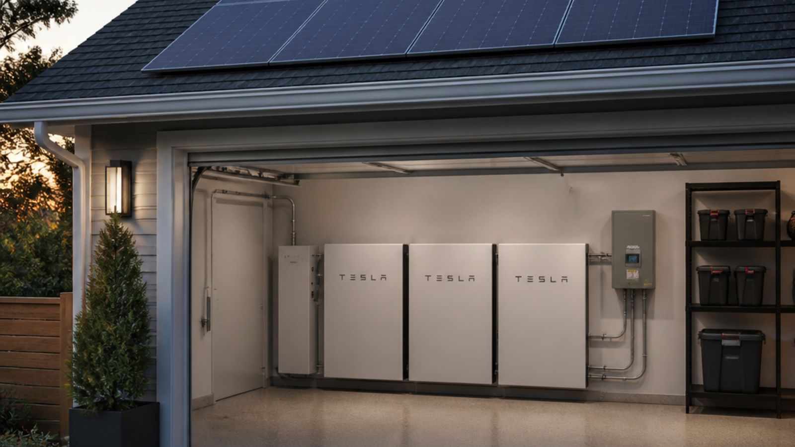 Garage with wall-mounted battery storage and rooftop solar PV