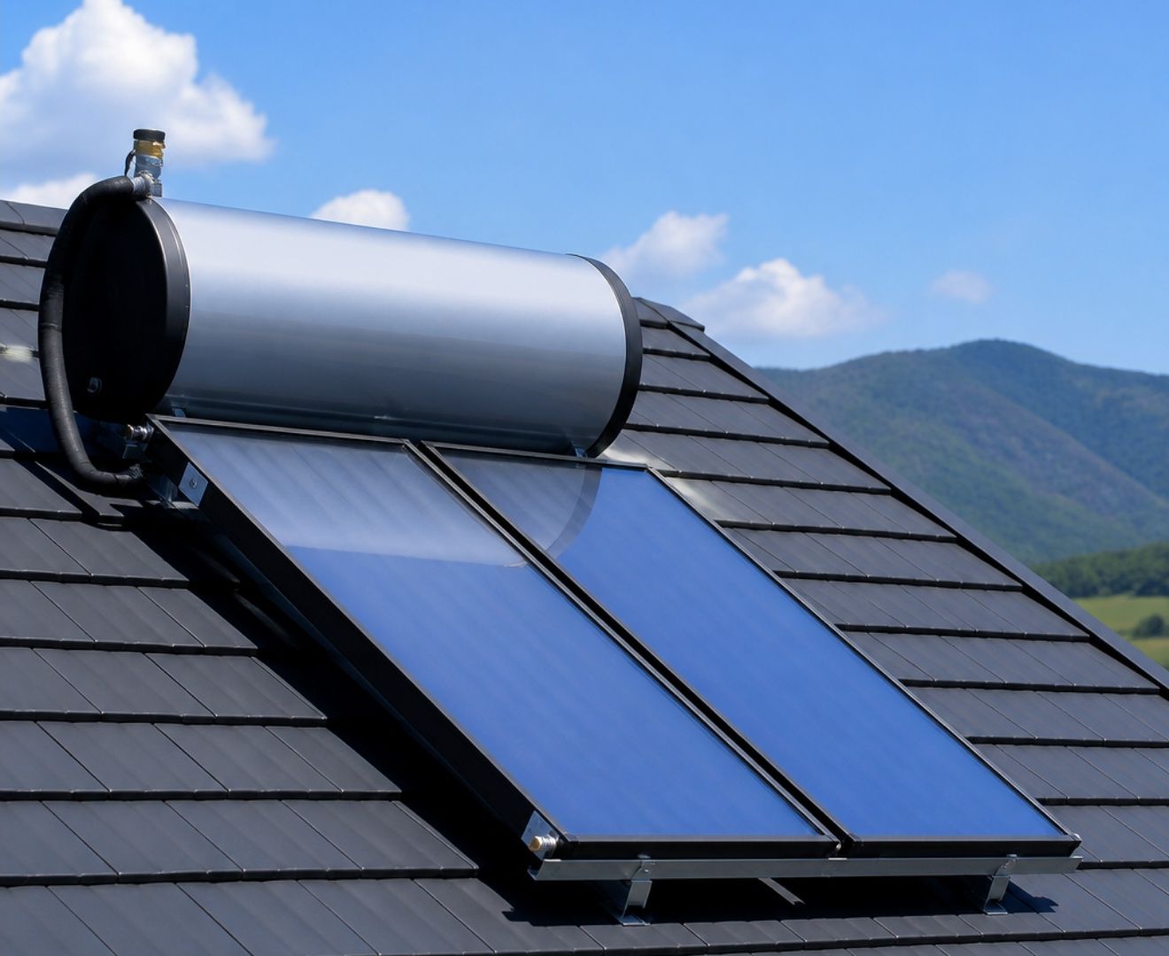 Flat panel solar geyser installed on a tiled roof